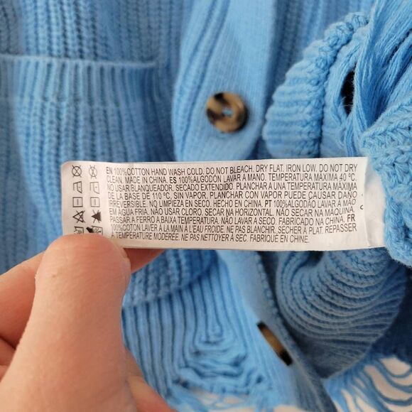 Forever 21 Distressed Knit Cardigan Blue Button Front Cropped Sweater Women’s Sm - Picture 4 of 6